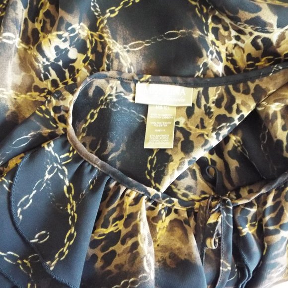 MISS TINA BLACK AND BROWN ANIMAL PRINT RUFFLE FRONT LONG SLEEVE BLOUSE - SZ 8/10 - Picture 5 of 5